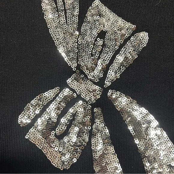NWT DKNY Sequin Silver Bow Long Sleeves Round Neck Black Cotton Sweater Top M - Picture 8 of 12